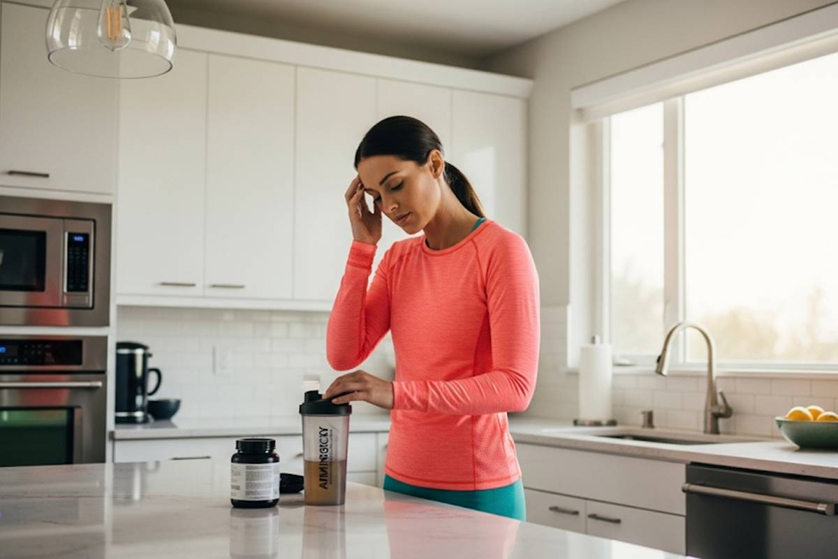 mulher com roupa de academia na pia da cozinha, preparando o suplemento e com a mão na cabeça, sentindo dor de cabeça
