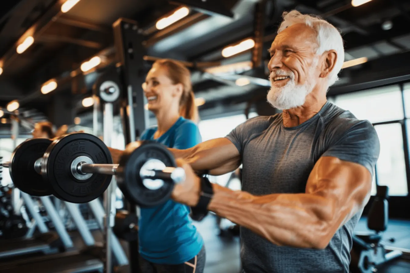 Idoso em treino de musculação